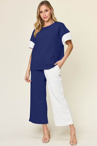 Double Take Full Size Texture Contrast T-Shirt and Wide Leg Pants Set Royal Blue for a perfect OOTD – dress to impress outfits from Amexza