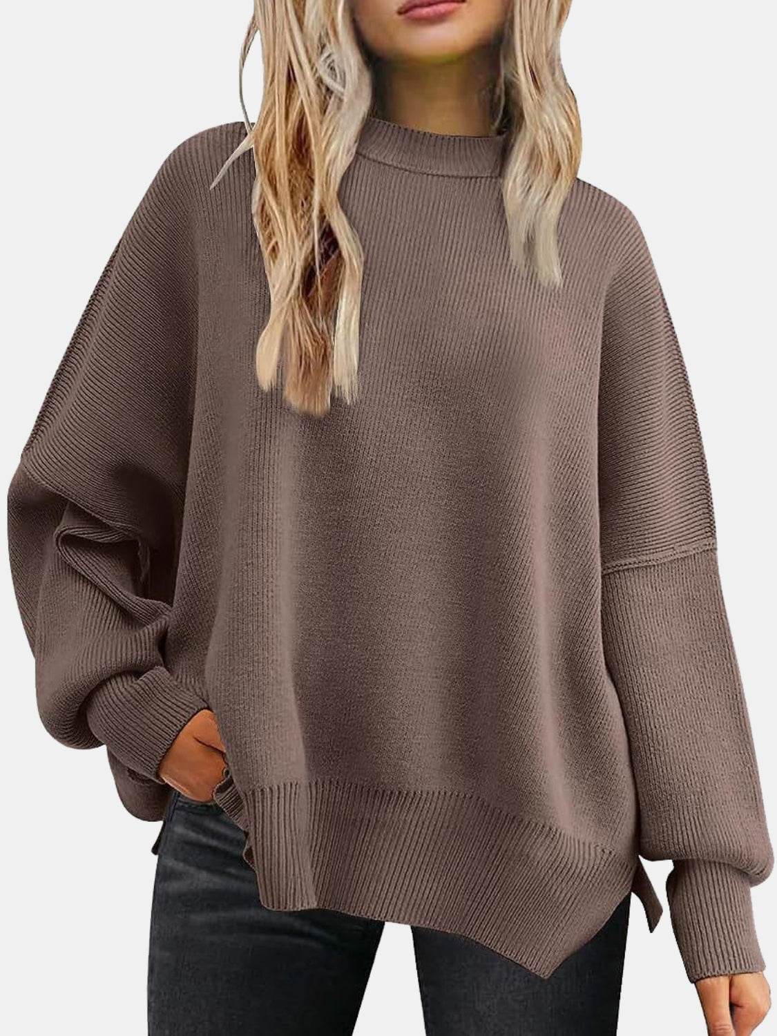 Round Neck Drop Shoulder Slit Sweater Coffee Brown for a perfect OOTD – dress to impress outfits from Amexza