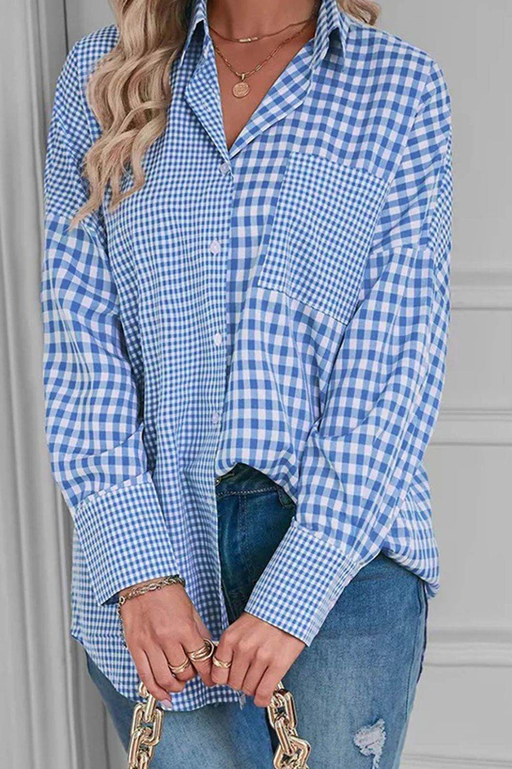 Plaid Button Up Long Sleeve Shirt Light Blue for a perfect OOTD – dress to impress outfits from Amexza