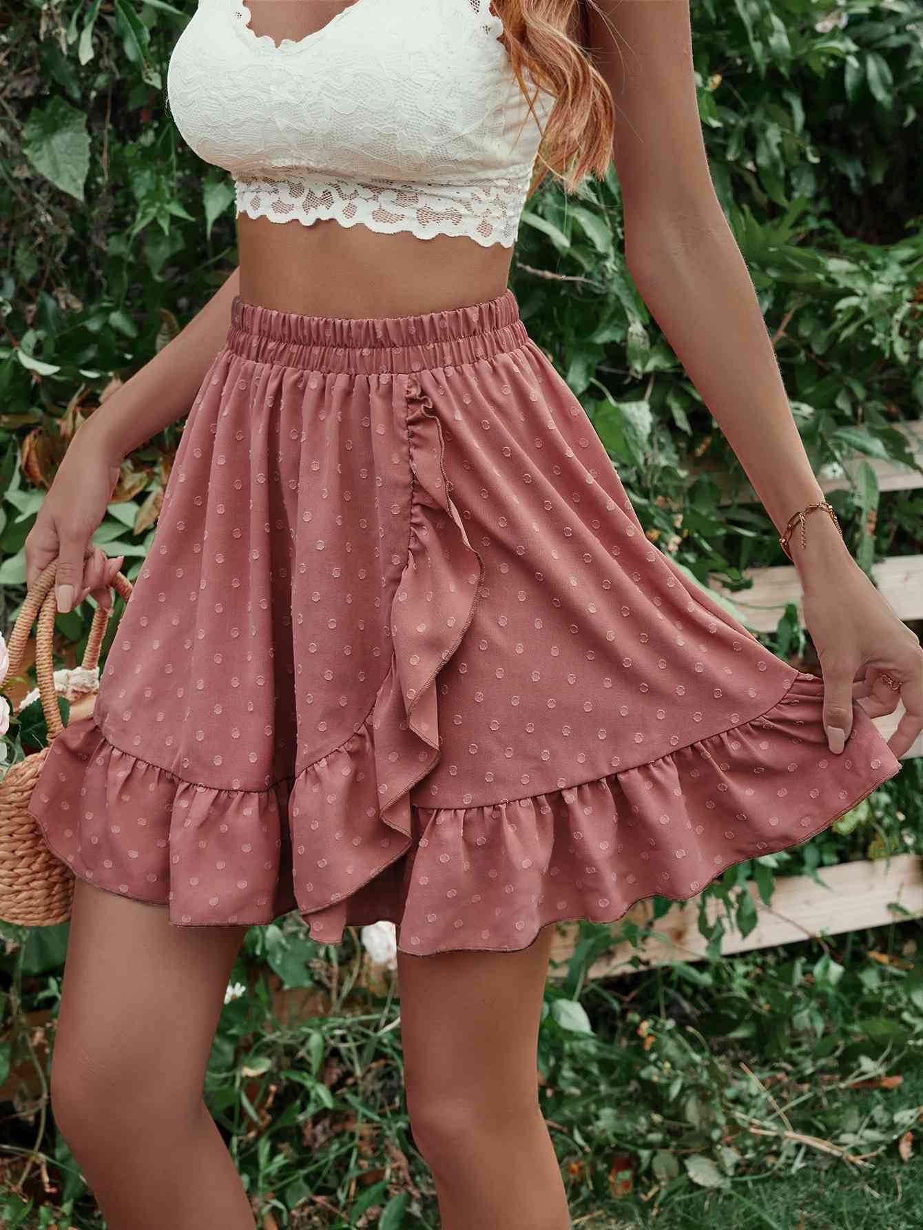 Honey Ruffle Hem Elastic Waist Mini Skirt Dusty Pink for a perfect OOTD – dress to impress outfits from Amexza