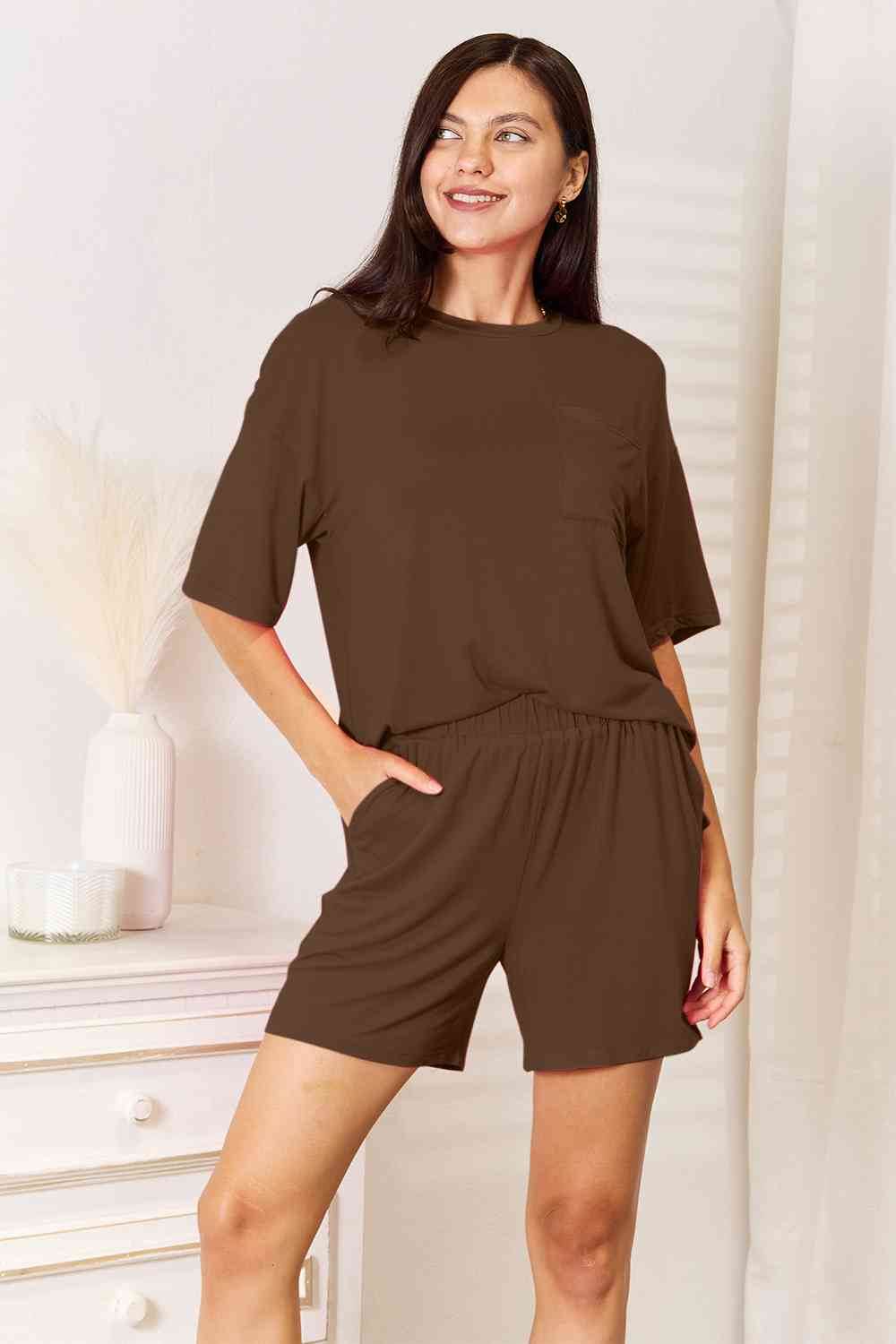 Basic Bae Full Size Soft Rayon Half Sleeve Top and Shorts Set Chocolate for a perfect OOTD – dress to impress outfits from Amexza