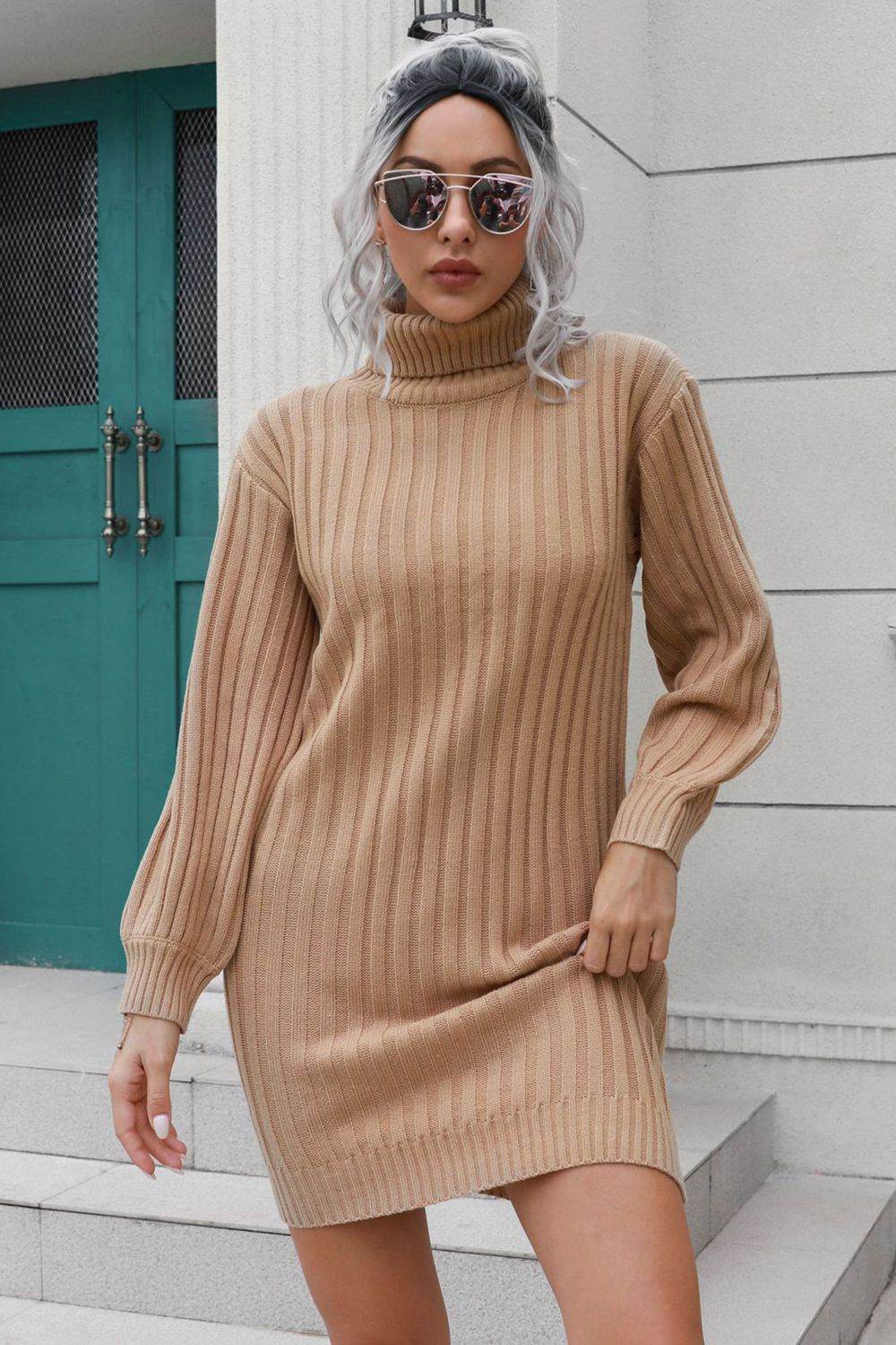 Ribbed Turtle Neck Long Sleeve Mini Sweater Dress - Amexza