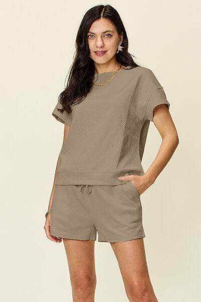 Double Take Full Size Texture Short Sleeve T-Shirt and Drawstring Shorts Set Mocha for a perfect OOTD – dress to impress outfits from Amexza