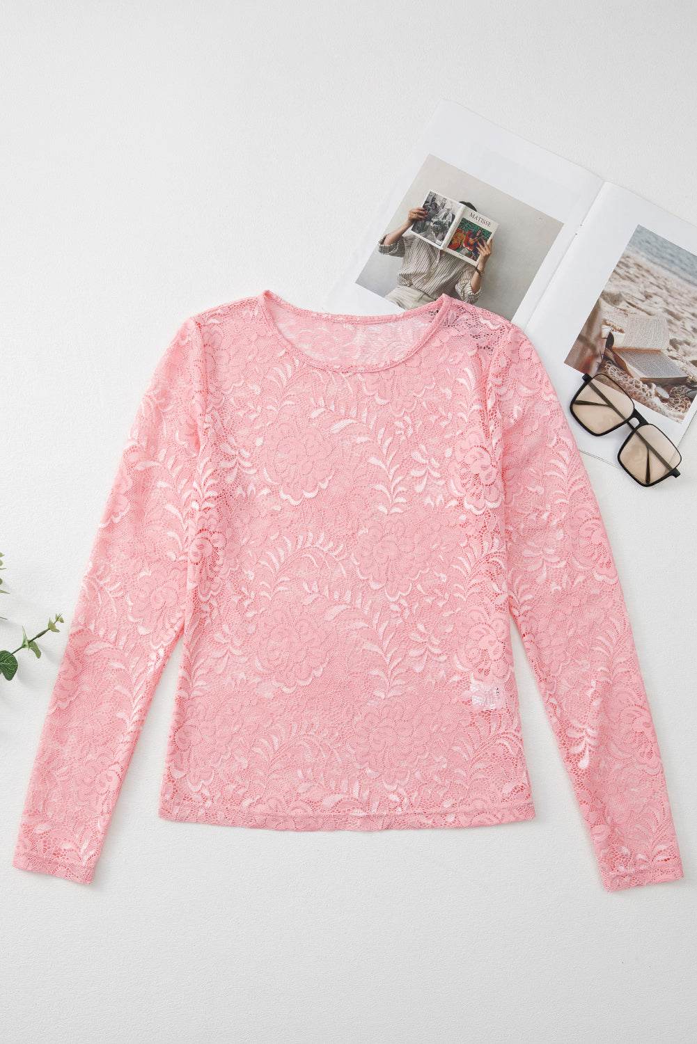 Lace Flower Round Neck Long Sleeve Top for a perfect OOTD – dress to impress outfits from Amexza