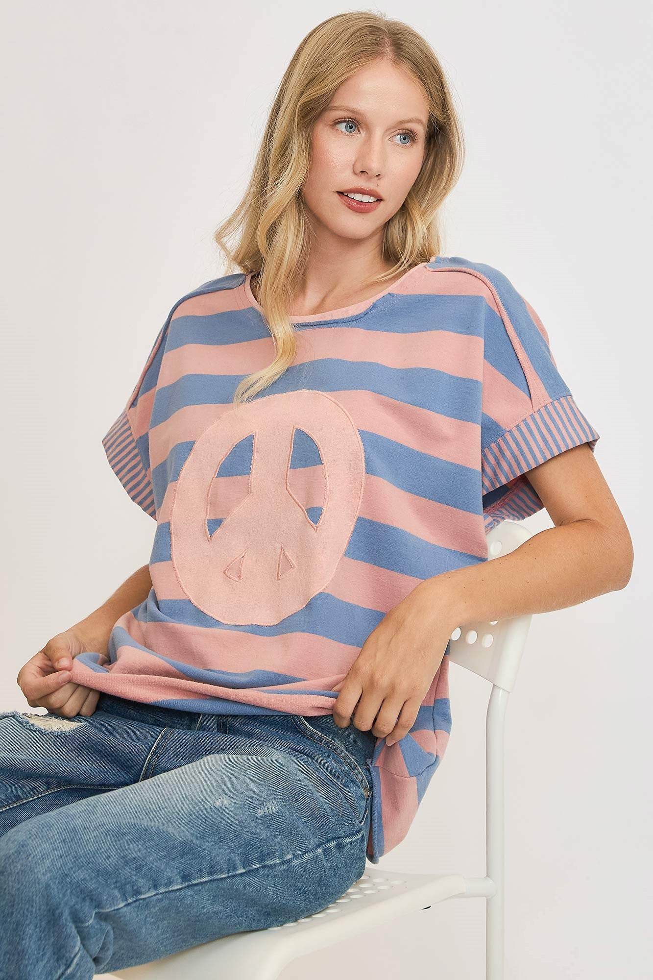 Umgee Peace Sign Patch Striped French Terry T-Shirt Dusty Blue for a perfect OOTD – dress to impress outfits from Amexza