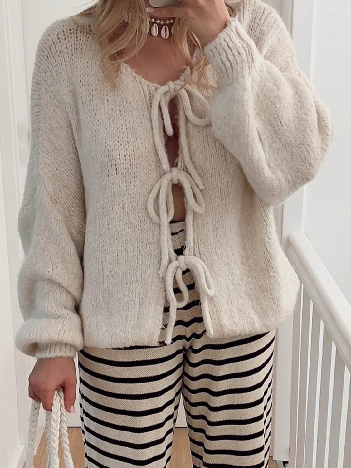 Tied Long Sleeve Dropped Shoulder Cardigan - Amexza