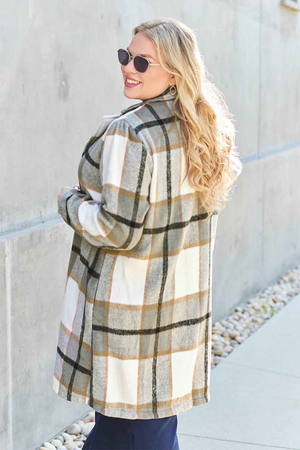 Double Take Full Size Plaid Button Up Lapel Collar Coat - Amexza
