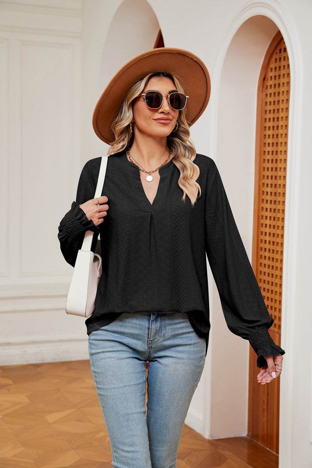 Notched Neck Flounce Sleeve Blouse Black for a perfect OOTD – dress to impress outfits from Amexza