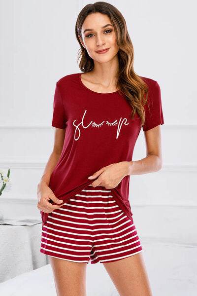 Graphic Round Neck Top and Striped Shorts Lounge Set Scarlet for a perfect OOTD – dress to impress outfits from Amexza