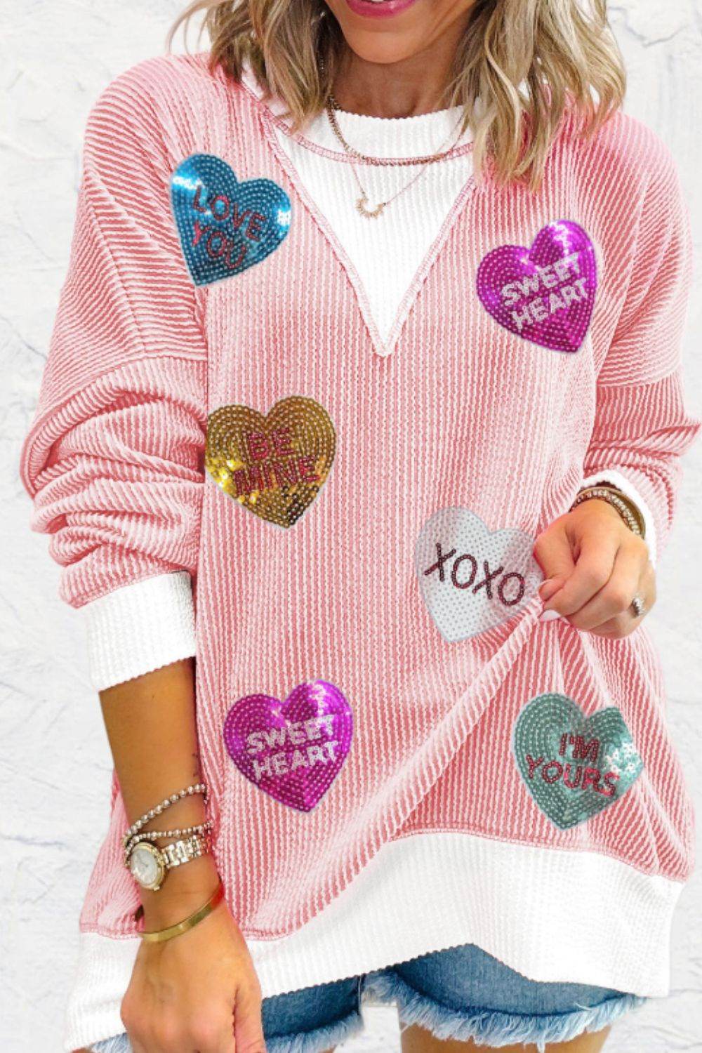 Valentine’s Day Sequin Heart Long Sleeve Sweatshirt Blush Pink for a perfect OOTD – dress to impress outfits from Amexza