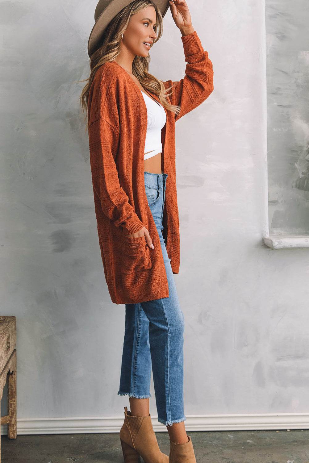 Open Front Textured Cardigan with Pockets for a perfect OOTD – dress to impress outfits from Amexza