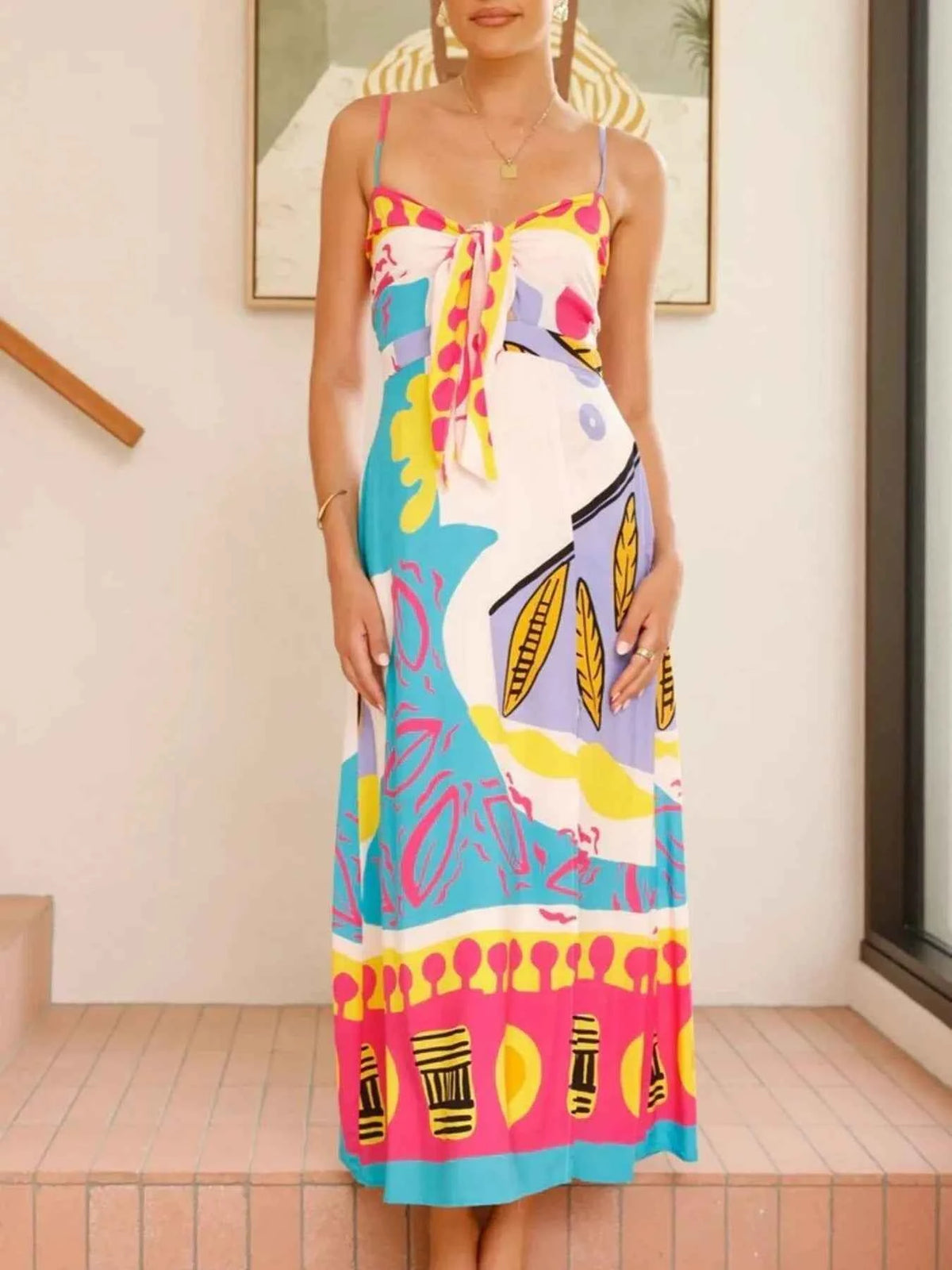 Tied Front Printed Slit Maxi Cami Dress