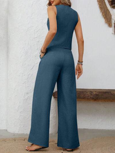 V-Neck Button Down Vest and Wide Leg Pants Set for a perfect OOTD – dress to impress outfits from Amexza