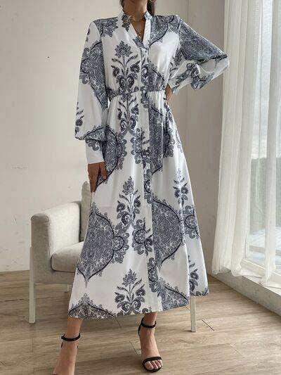 Printed Notched Lantern Sleeve Midi Dress for a perfect OOTD – dress to impress outfits from Amexza
