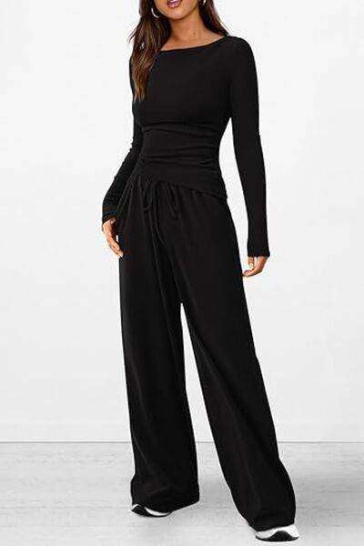 Round Neck Long Sleeve Top and Pants Set - Amexza