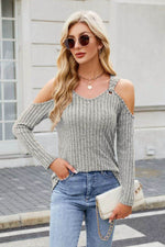 Ribbed Cold Shoulder Long Sleeve Top - Amexza