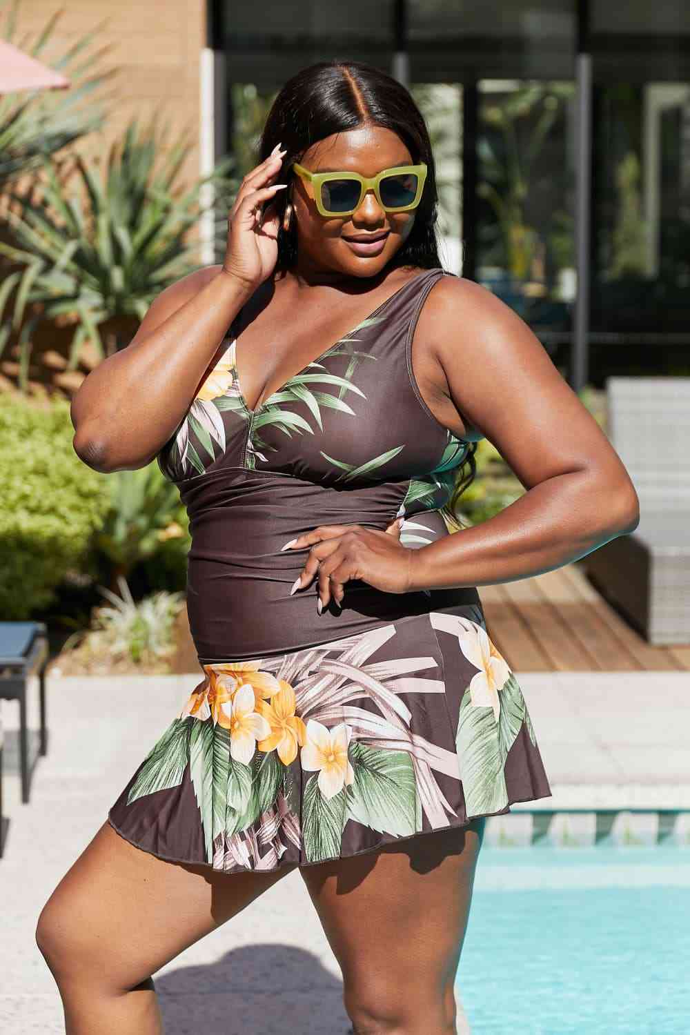 Marina West Swim Full Size Clear Waters Swim Dress in Aloha Brown for a perfect OOTD – dress to impress outfits from Amexza