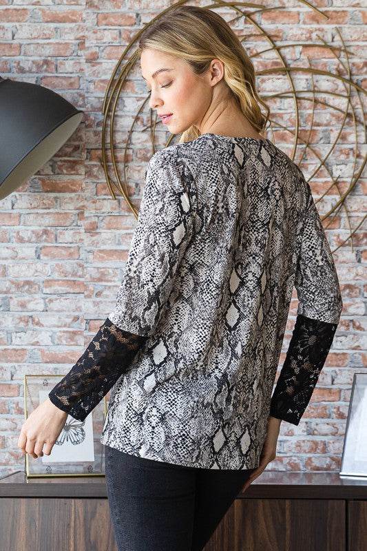 Heimish Full Size Snakeskin Print Round Neck Lace Contrast Top for a perfect OOTD – dress to impress outfits from Amexza