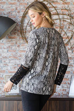 Heimish Full Size Snakeskin Print Round Neck Lace Contrast Top - Amexza