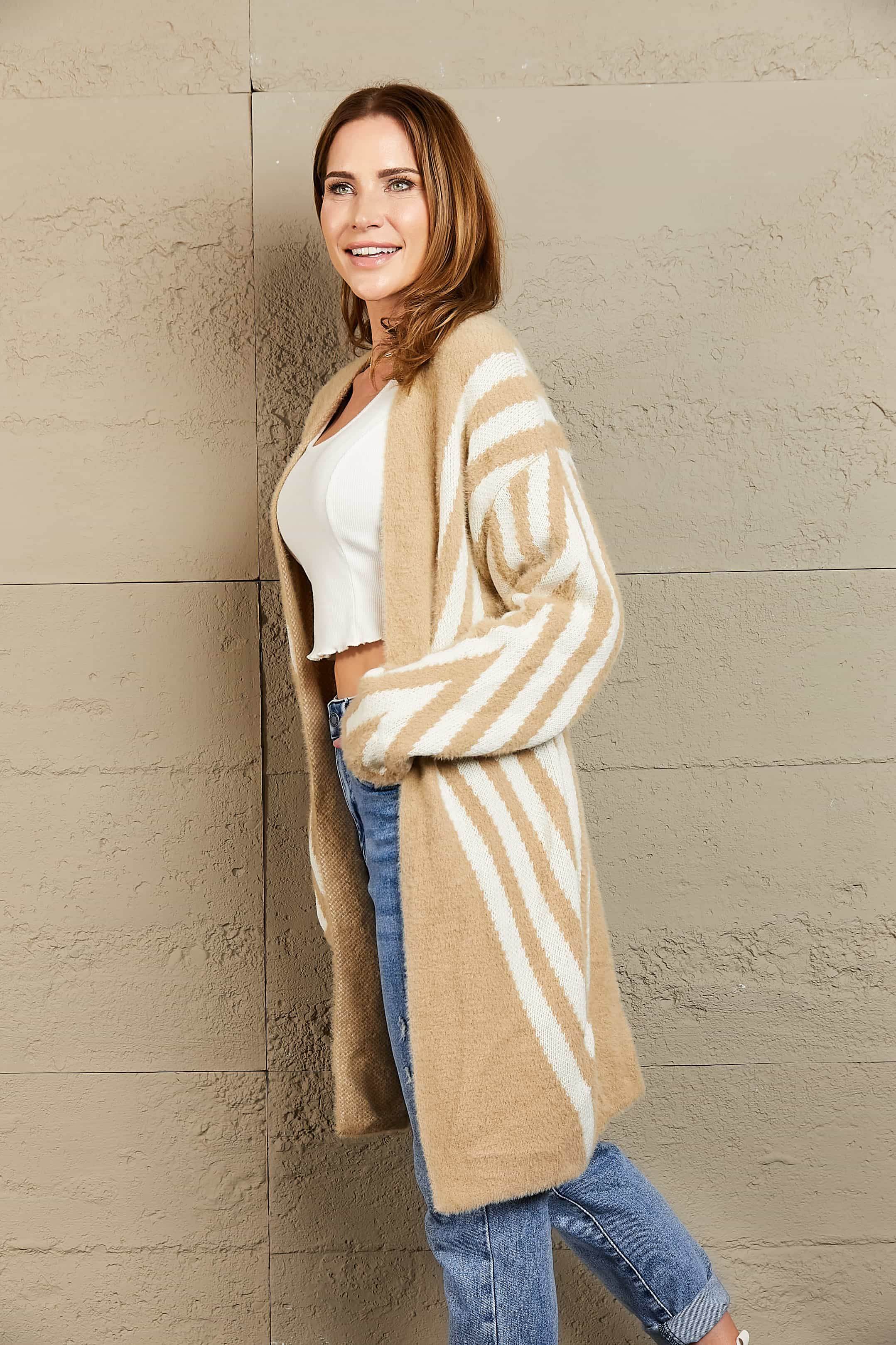 Woven Right Two-Tone Open Front Fuzzy Longline Cardigan for a perfect OOTD – dress to impress outfits from Amexza