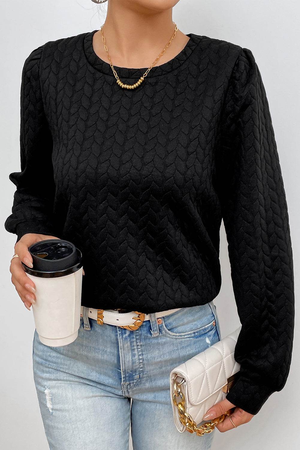 Texture Round Neck Long Sleeve Sweatshirt - Amexza