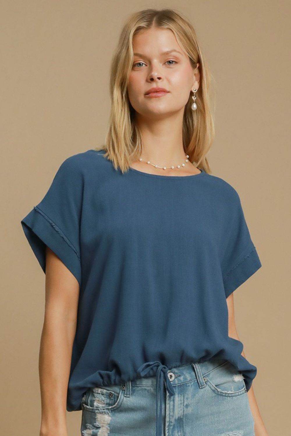 Umgee Drawstring Hem Round Neck Short Sleeve T-Shirt - Amexza