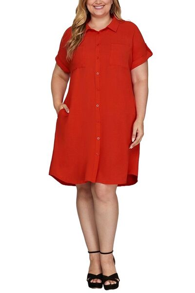 She + Sky Full Size Button Down Short Sleeve Woven Shirt Dress Plus Size for a perfect OOTD – dress to impress outfits from Amexza