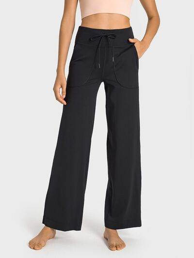 Millennia Drawstring Waist Wide Leg Sports Pants with Pockets - Amexza