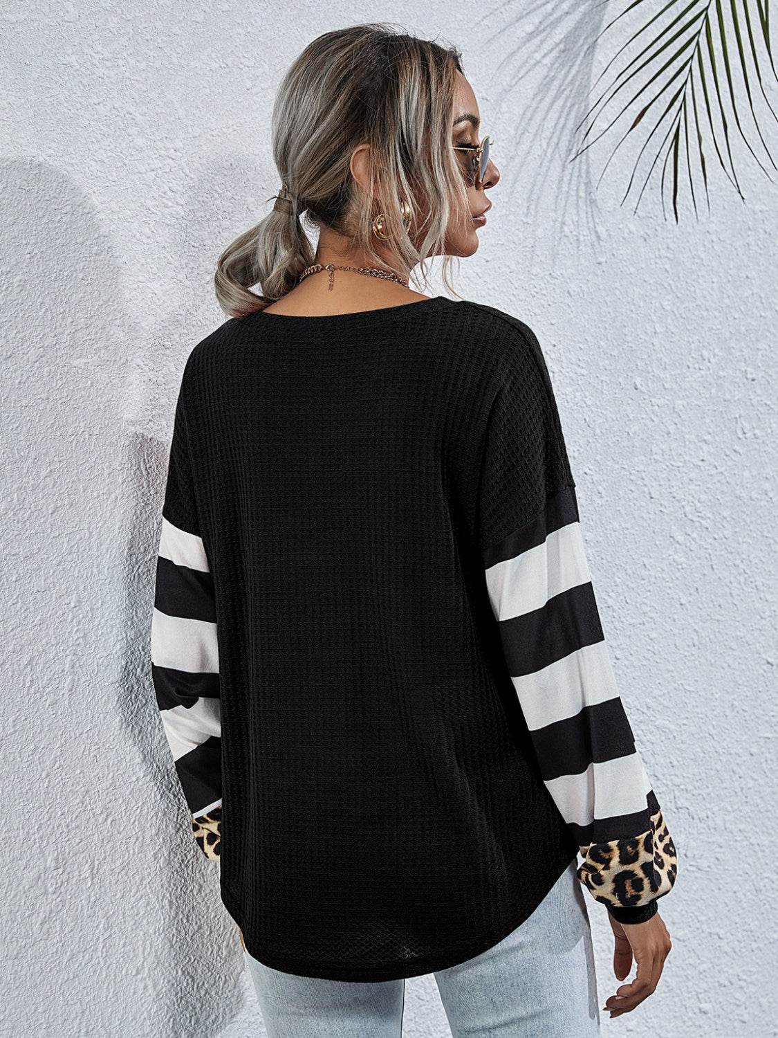 Leopard Striped Waffle-Knit Top - Amexza