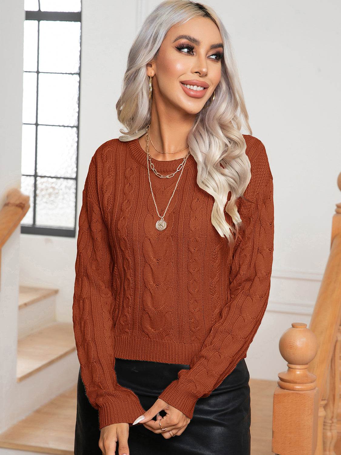 Cable-Knit Round Neck Long Sleeve Sweater for a perfect OOTD – dress to impress outfits from Amexza