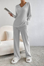 Ribbed V-Neck Top and Pants Lounge Set for a perfect OOTD – dress to impress outfits from Amexza