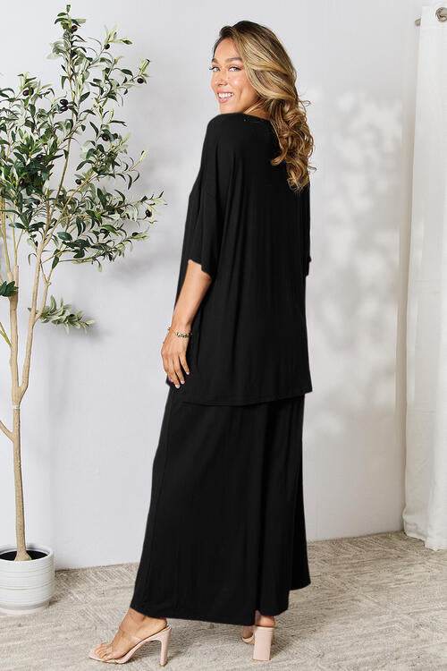 Double Take Full Size Round Neck Slit Top and Pants Set for a perfect OOTD – dress to impress outfits from Amexza