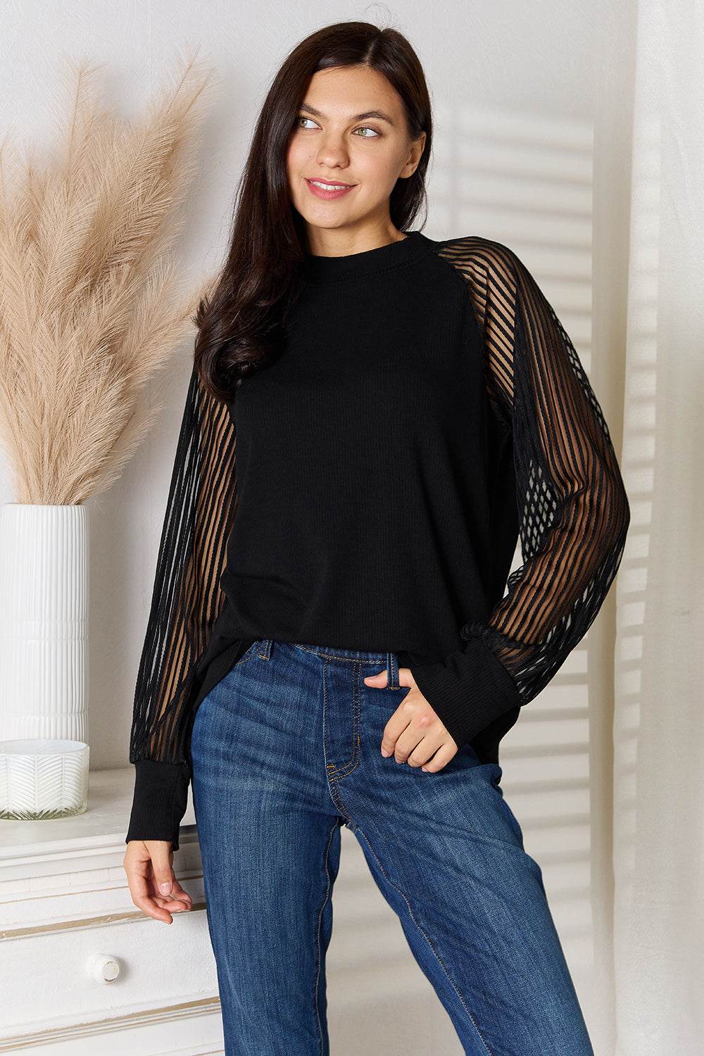 Double Take Round Neck Raglan Sleeve Blouse Black for a perfect OOTD – dress to impress outfits from Amexza