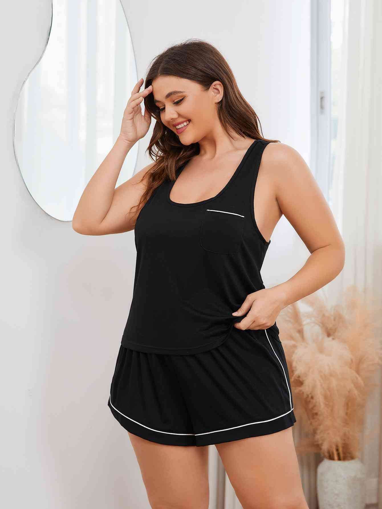 Plus Size Contrast Piping Racerback Tank and Shorts Lounge Set for a perfect OOTD – dress to impress outfits from Amexza