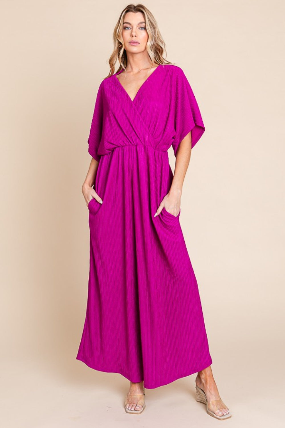 BOMBOM Surplice Maxi Dress with Pockets - Magenta / S