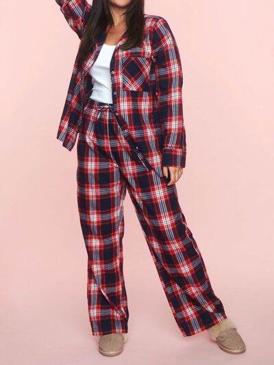 Plaid Collared Neck Button Up Top and Pants Lounge Set for a perfect OOTD – dress to impress outfits from Amexza