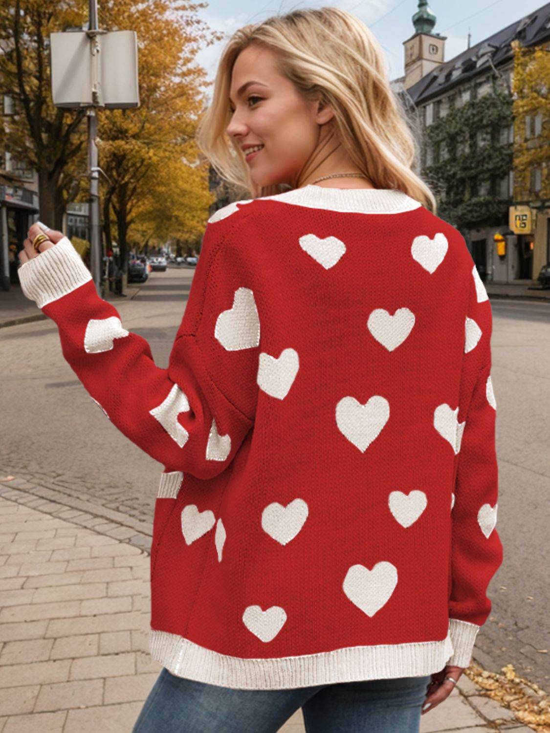 Heart Button Up Dropped Shoulder Long Sleeve Cardigan for a perfect OOTD – dress to impress outfits from Amexza