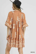 Umgee Boarder Print Tassel Tie Neck Mini Dress