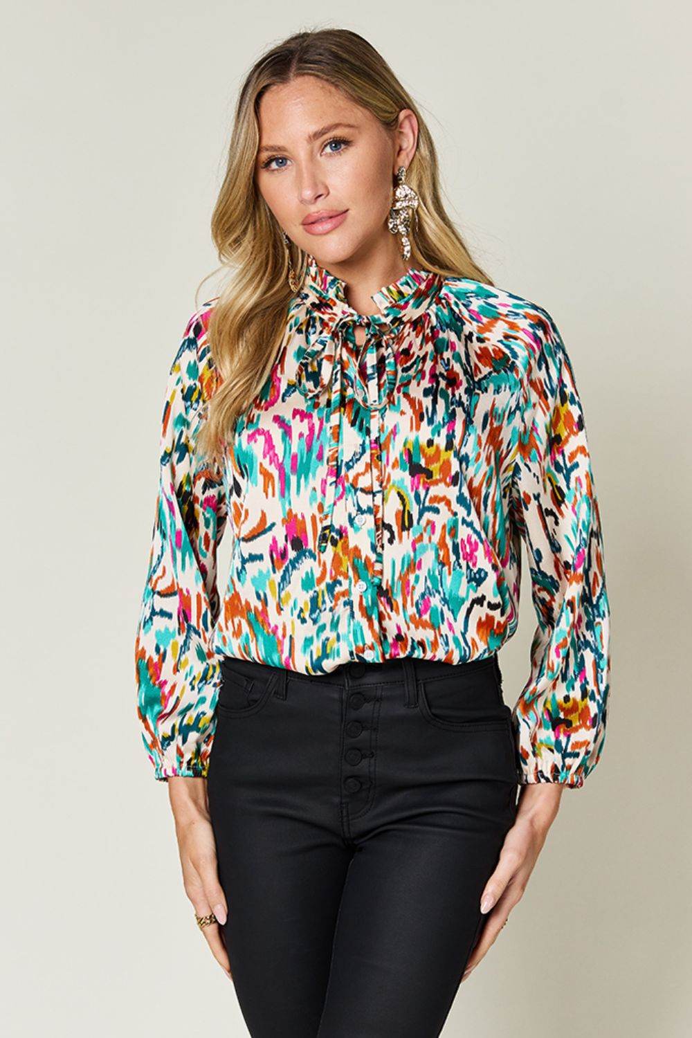 Double Take Full Size Printed Button Up Long Sleeve Shirt Teal for a perfect OOTD – dress to impress outfits from Amexza