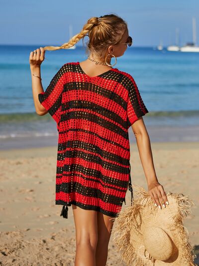 Angel Wings Tassel Openwork Striped V-Neck Cover Up for a perfect OOTD – dress to impress outfits from Amexza