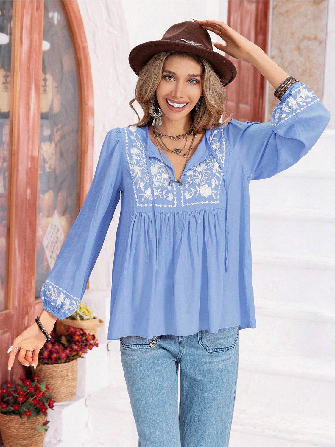 Floral Tie Neck Balloon Sleeve Blouse for a perfect OOTD – dress to impress outfits from Amexza