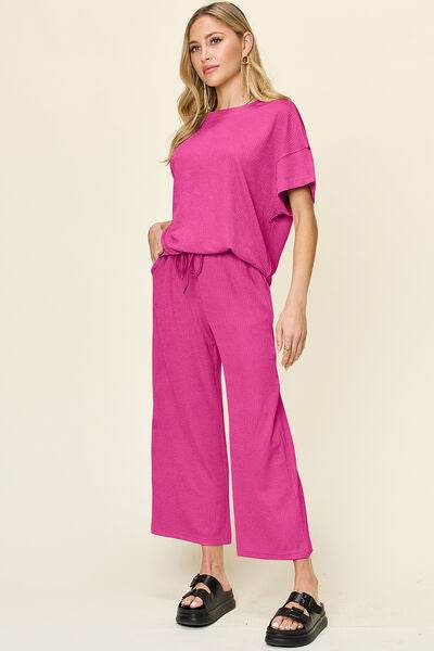 Double Take Full Size Texture Round Neck Short Sleeve T-Shirt and Wide Leg Pants Hot Pink for a perfect OOTD – dress to impress outfits from Amexza