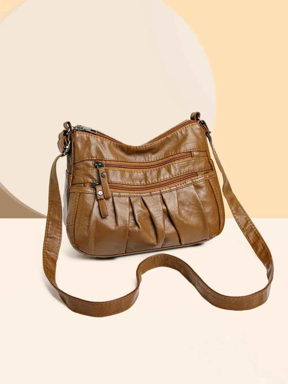 PU Leather Ruched Adjustable Strap Shoulder Bag Ochre One Size for a perfect OOTD – dress to impress outfits from Amexza