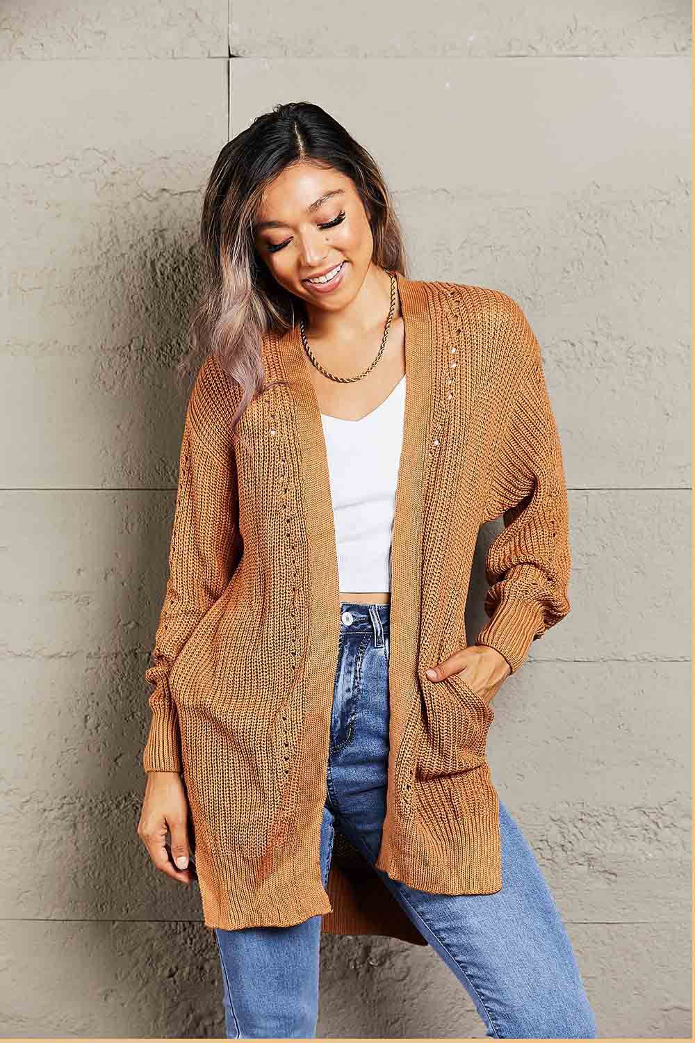 Woven Right Openwork Rib-Knit Slit Cardigan Tan for a perfect OOTD – dress to impress outfits from Amexza