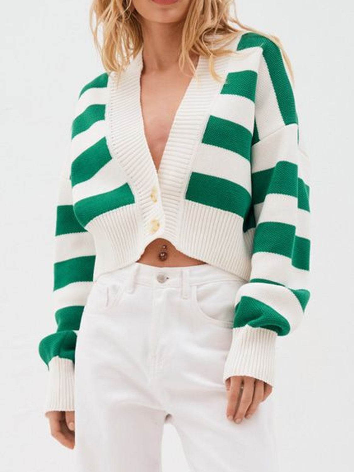 Striped Button Down Drop Shoulder Cardigan - Amexza