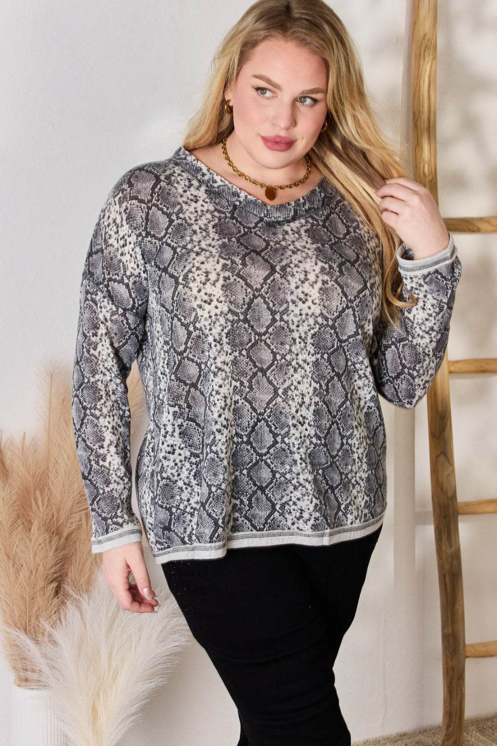 Hailey & Co Full Size Snakeskin V-Neck Long Sleeve Top for a perfect OOTD – dress to impress outfits from Amexza