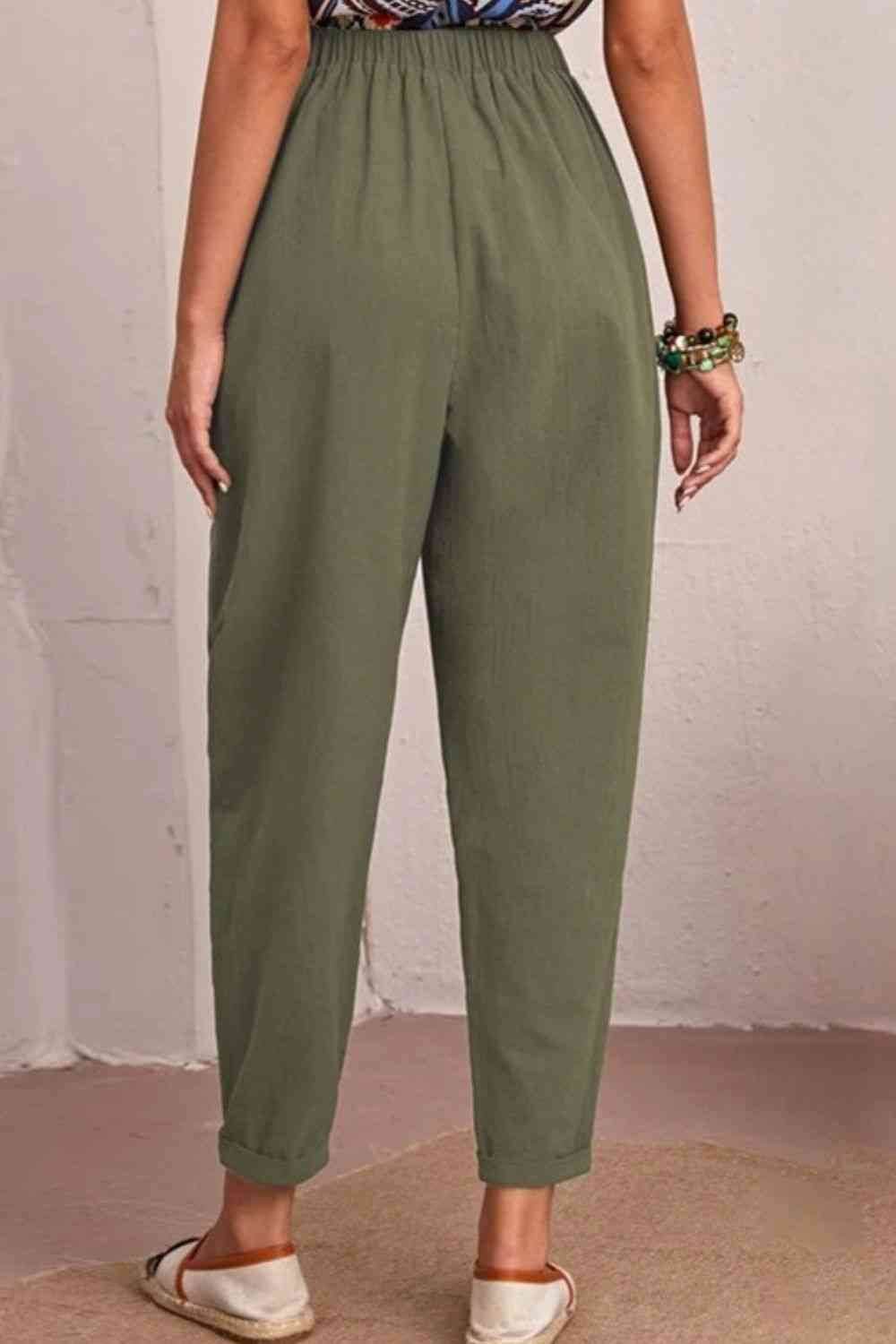 Elastic Waist Pocket Tapered Pants - Amexza