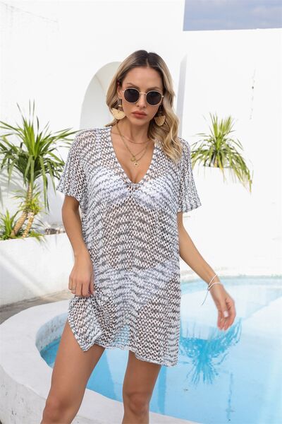 Angel Wings Openwork V-Neck Short Sleeve Cover Up White One Size for a perfect OOTD – dress to impress outfits from Amexza