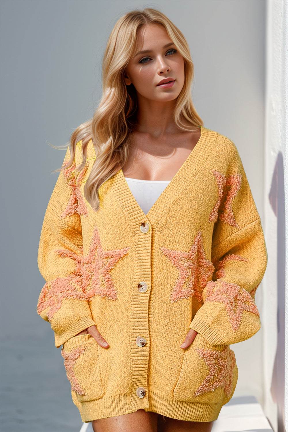 Double Take Full Size Button Up Star Pattern Cardigan Yellow for a perfect OOTD – dress to impress outfits from Amexza