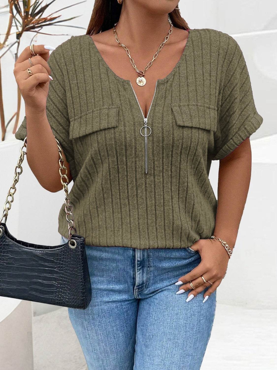 Plus Size Half Zip Short Sleeve T-Shirt for a perfect OOTD – dress to impress outfits from Amexza